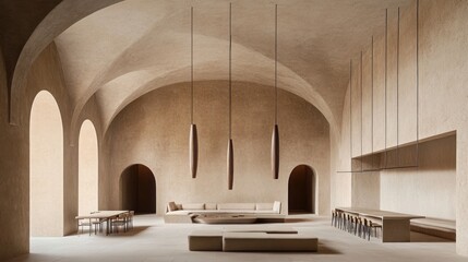 Fototapeta premium Minimalist interior design of a spacious hall with arched ceilings and beige walls, featuring contemporary furniture and pendant lights.