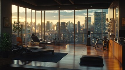 Fototapeta premium Luxury apartment gym with city view at sunset.