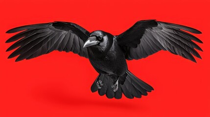 Black crow in flight against red background.