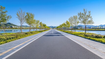 Serene Roadway Lined with Trees by Calm Water Under Clear Sky