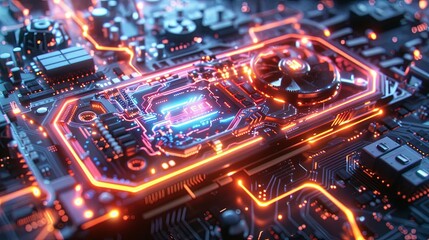 Fototapeta premium Glowing Circuit Board with Integrated Cooling Fan and CPU