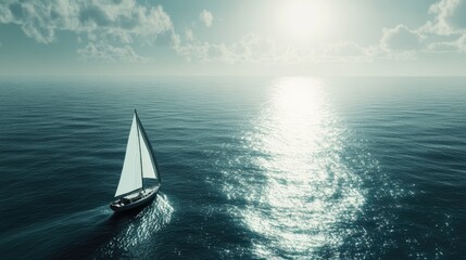 Fototapeta premium Sailboat sailing on calm ocean water at sunset.