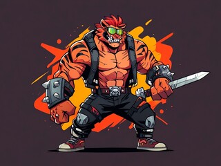 Fototapeta premium Brutal Tiger Warrior: A fierce tiger-like warrior, clad in dark attire and studded armor, wields a knife, set against a vibrant orange and dark background.