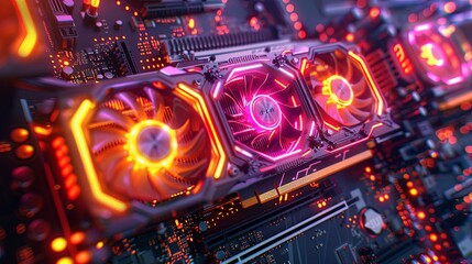 Obraz premium Illuminated Triple-Fan Graphics Card on Vibrant Motherboard