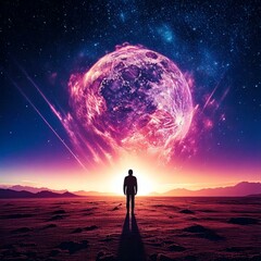 Fototapeta premium Drifting weightlessly in the vast silence of space, a lone figure surrounded by a cloud of sparkling cosmic dust reaches out toward a fragment of an ancient, alien artifact.