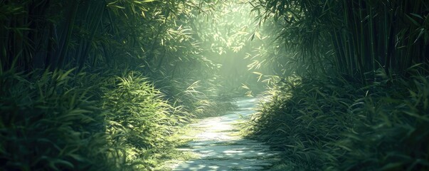 Obraz premium Serene nature idea. Serene path through lush bamboo forest with soft sunlight filtering through leaves.