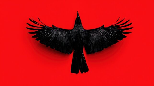 Black crow with wings spread on red background.