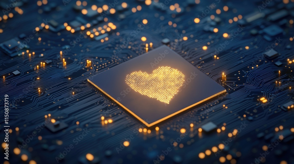 Poster heart symbol illuminated on microchip with circuit board background