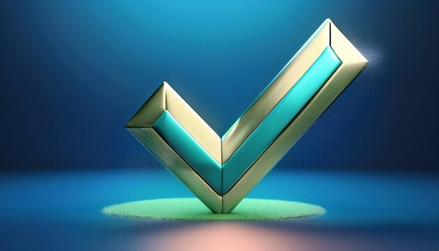 A shiny, 3D checkmark icon with vibrant colors, symbolizing approval, correctness, or success against a softly lit background.