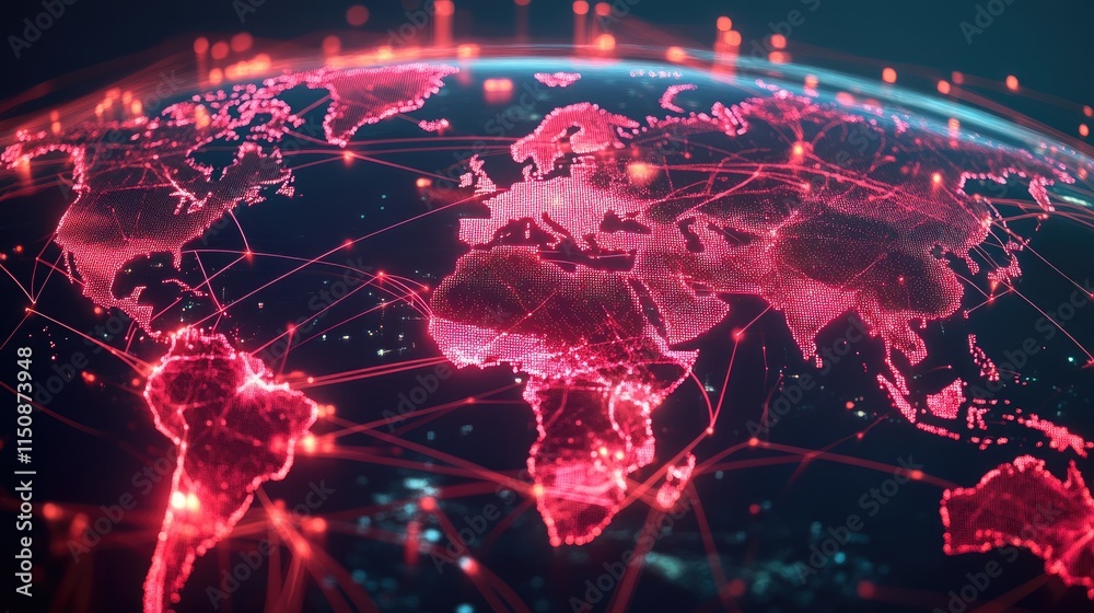 Poster global network connection with red digital world map visualization