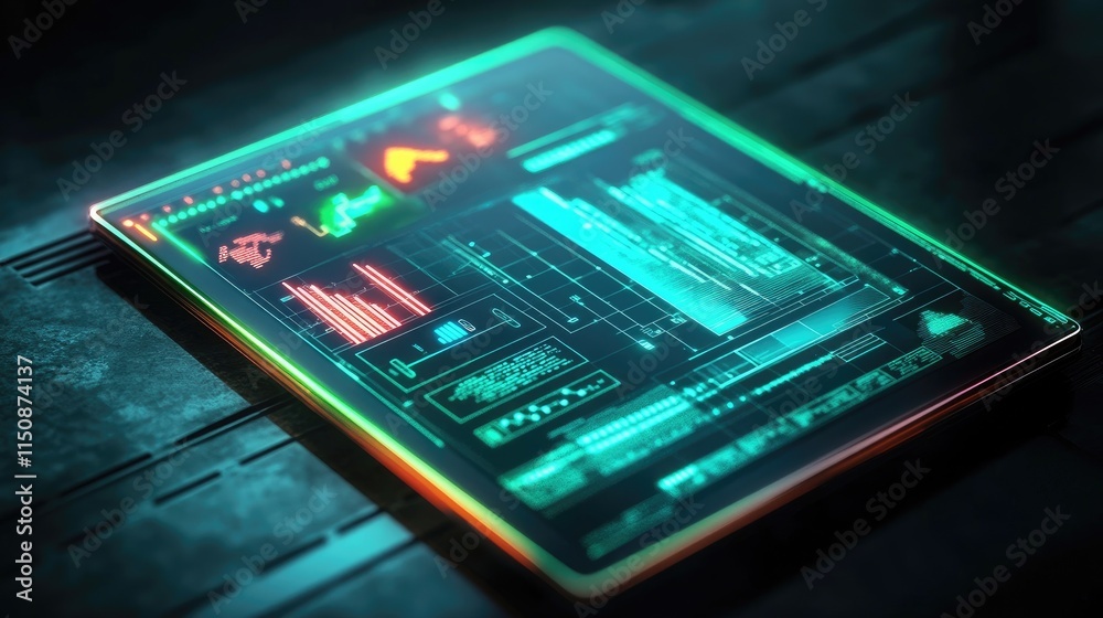 Poster futuristic digital tablet displaying advanced data analytics interface