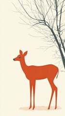 Orange Deer Stands Near A Bare Winter Tree