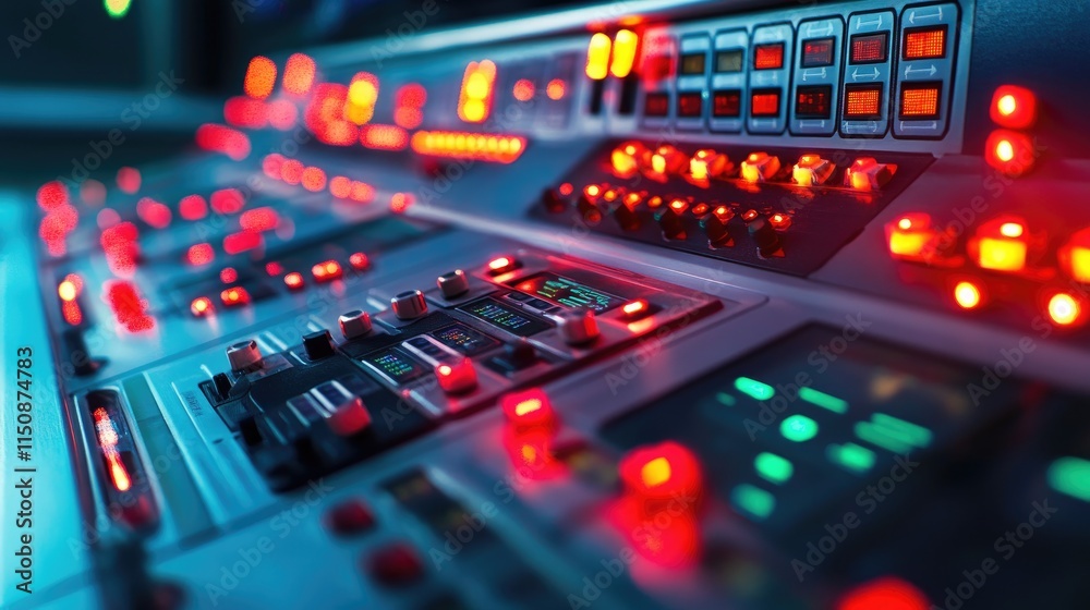 Poster control panel with illuminated buttons and glowing indicators