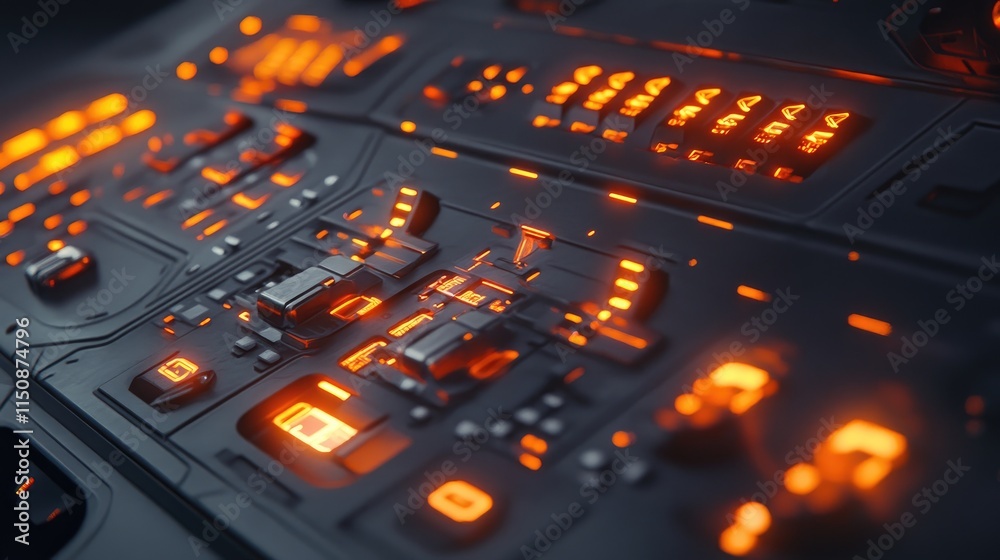 Poster futuristic control panel with illuminated buttons and indicators