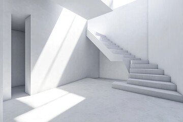 Obraz premium Minimalist white interior with stairs and sunlight.
