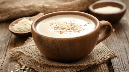 Creamy Oatmeal in Wooden Bowl with Toppings on Rustic Table