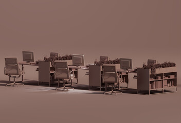 Minimal Office Desk in Mocha Mousse Color Palette Design Trend color 2025. Stylish Workplace, Teamwork. Mockup Template, 3D Rendering.