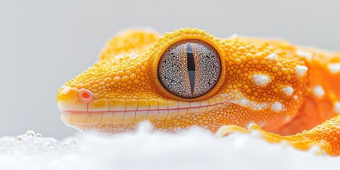 A macro photograph of the head and eyes of an orange gecko, its skin detailed with small black dots and yellow stripes, generative AI