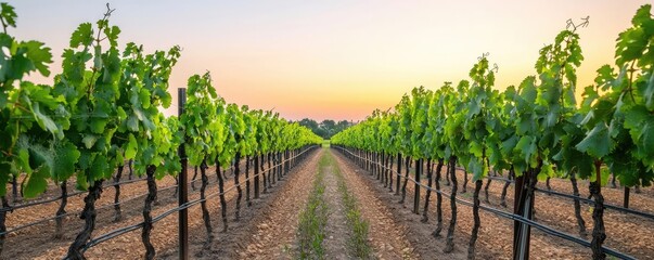 Naklejka premium Serene nature idea. A beautiful vineyard scene showcasing rows of lush grapevines under a sunset sky.