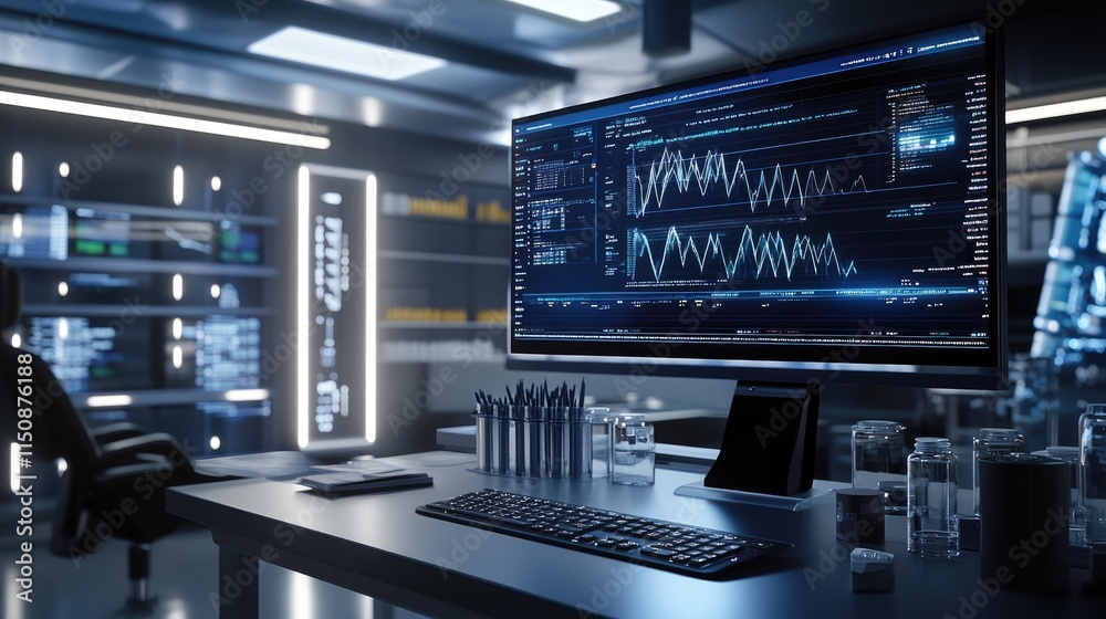 Poster futuristic office space with computer screen and data visualization