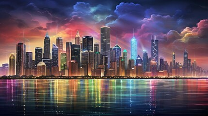 City skyline at night with illuminated buildings and glowing street lights