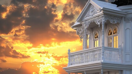 Fototapeta premium Majestic Victorian House Against Vibrant Sunset Sky