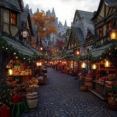 Fototapeta premium Christmas Market in a Medieval Village Scene