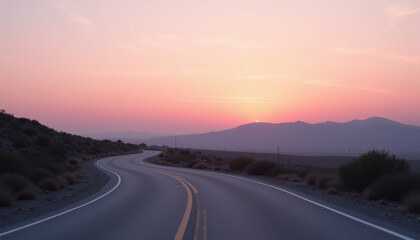 Curved empty country road at dusk leading towards the mountains with a colorful sunset