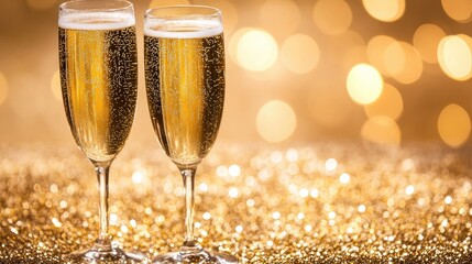 Two champagne flutes filled with sparkling wine against a bokeh background. (1)