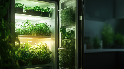 Fototapeta premium Eco-Friendly Refrigerator with Built-In Herb Garden Glowing Softly, Symbolizing Sustainable Living and Home Innovation