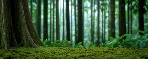 Fototapeta premium Serene nature concept. A tranquil forest scene featuring lush greenery and tall trees with soft sunlight filtering.