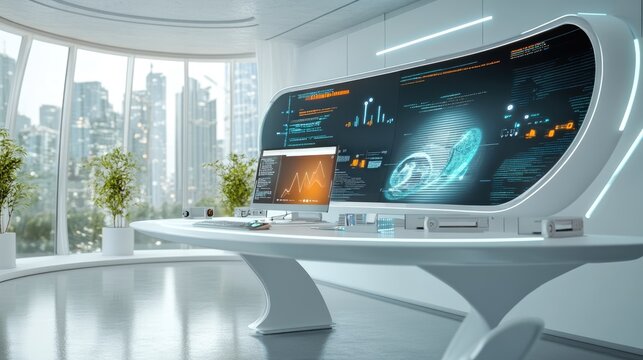 Modern Office Workspace with Futuristic Technology and City View