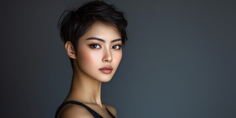 Naklejka premium A photograph of an Asian woman with short hair, wearing black and posing for the camera, generative AI