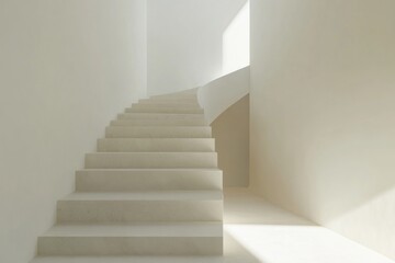 Obraz premium Modern minimalist white curved staircase in bright sunlight.