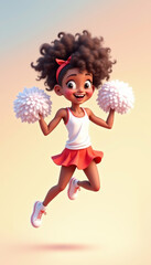 Fototapeta premium Cheerleader girl joyfully jumping with pom-poms on a soft pastel background