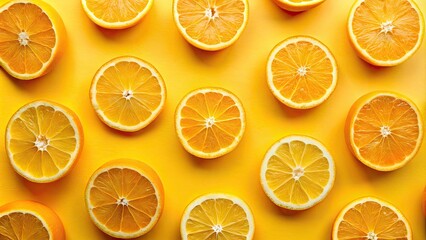Obraz premium Minimalist Orange Slices Top View Yellow Background - Flatlay Photography
