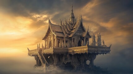 Obraz premium Ethereal Floating Temple Surrounded by Mist at Dusk