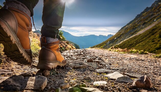 険しい道を越えて：登山靴と岩の風景

