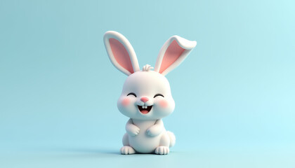 Joyful cartoon baby rabbit smiling on a light blue background
