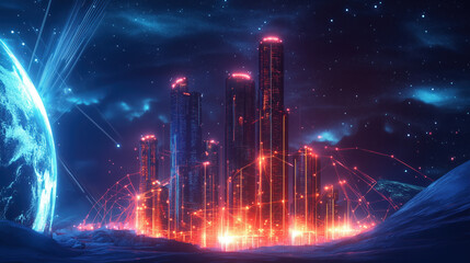 Artistic Depiction of Business Innovation with Glowing Skyscrapers on a Globe Connected by Radiant Webs Representing Data and Commerce