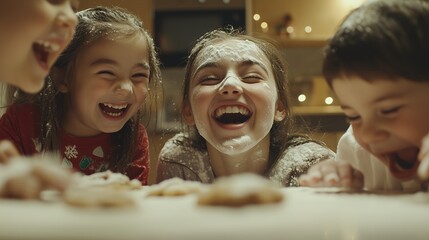 A Flour-Covered Christmas, A Mother and Children's Joyful Baking Session, Laughter Echoing Through the Cozy Holiday Kitchen as They Create Festive Treats Together