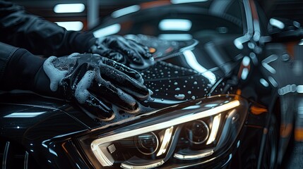 Gloved hands meticulously washing a black luxury car's hood and headlight.