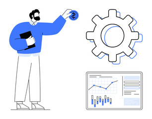 Businessman holding a clipboard, placing a coin into a gear. Below, a screen shows a graph and bar chart. Ideal for business investment, finance strategy, process optimization, project management
