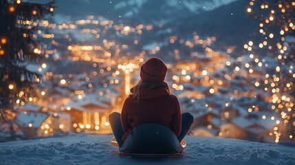 Winter's Embrace, A Young Woman on Sled Contemplates the Festive Townscape Below, Glistening with Holiday Lights from a Snowy Hilltop View