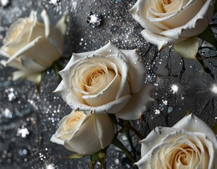 white roses on silver background with glitter