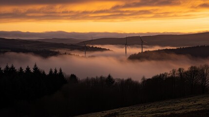 Obraz premium Majestic Sunset Over Wind Turbines in Foggy Landscape