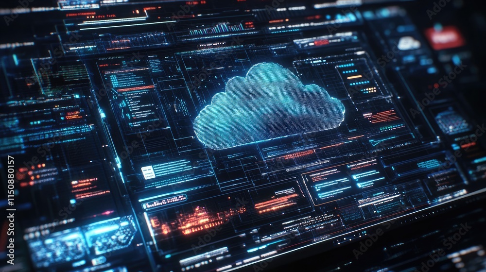 Poster digital cloud technology with data visualizations and interfaces