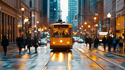 Public transport station route concept. A vibrant urban scene featuring a streetcar amidst bustling pedestrians and reflections on wet pavement.