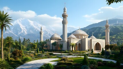 Fototapeta premium luxurious and magnificent mosque building, with a large and beautiful garden, with beautiful mountain views