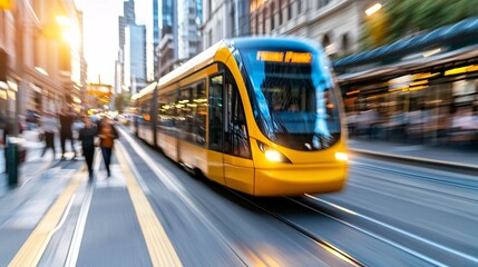 Fototapeta premium Public transport station route concept. A vibrant yellow tram moves through a bustling city street, capturing the energy of urban life during sunset.
